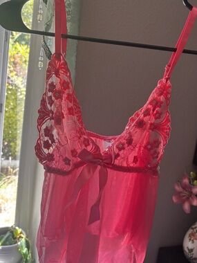 Red Floral Lace Sheer Babydoll Chemise
